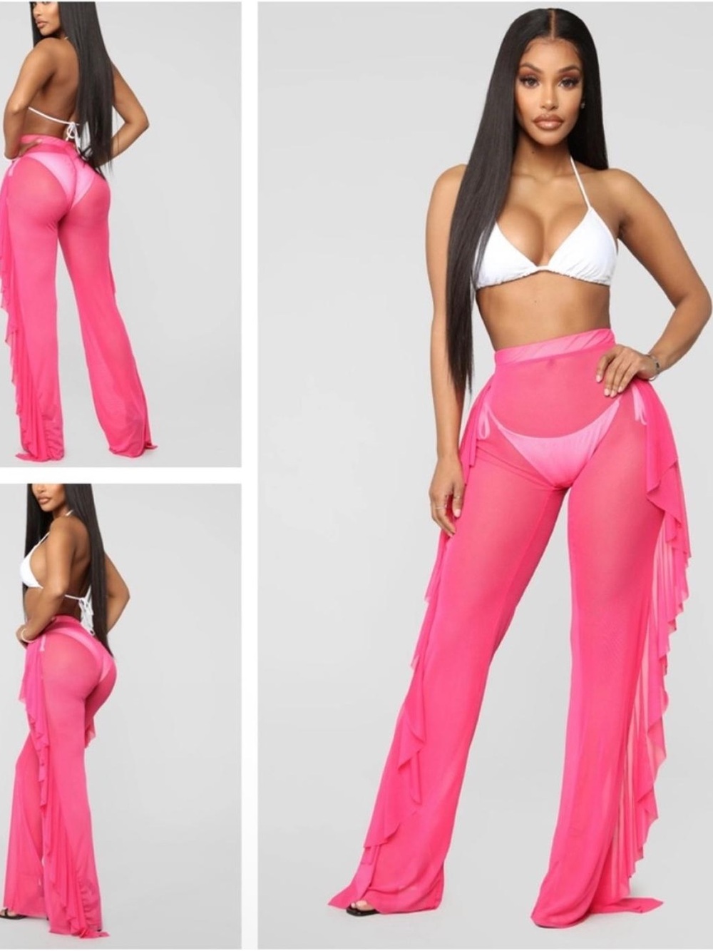 Fashion Nova Sheer Ruffle Coverup Pants - Hot Pink